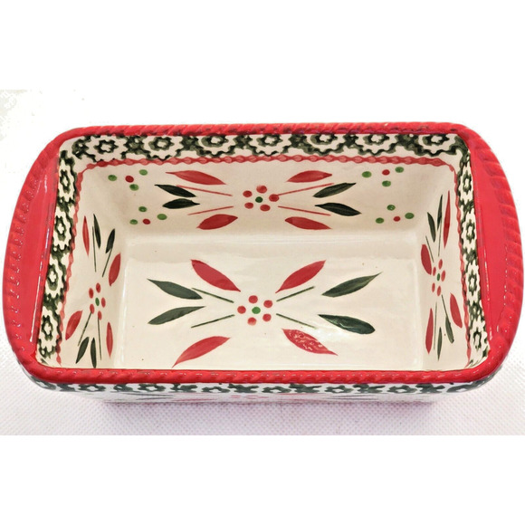 LOAF BAKING DISH-TEMP-TATIONS-Ceramic-Red & Green-Holiday Theme-Small - Picture 3 of 8